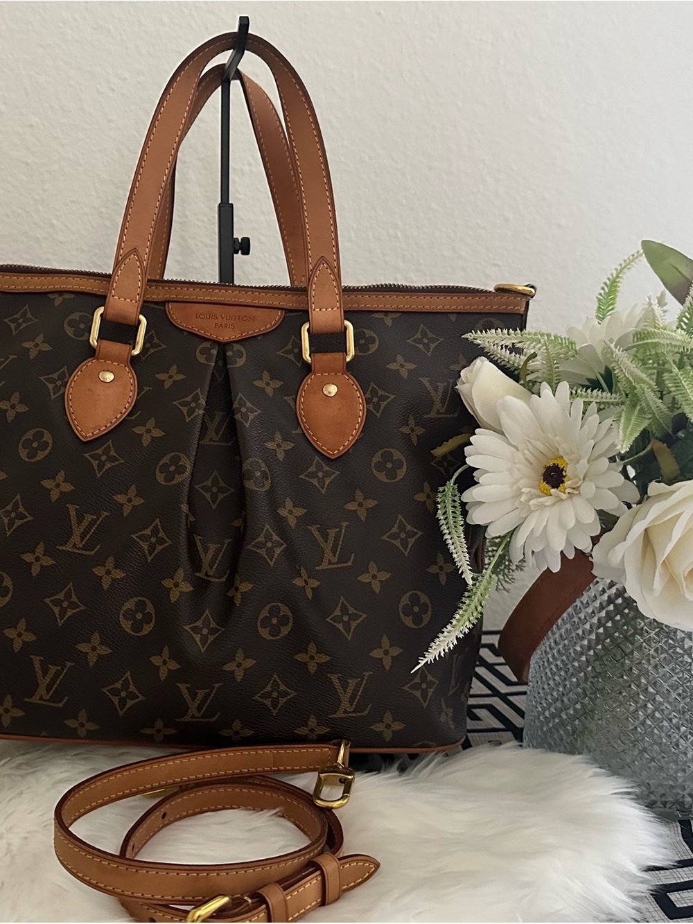 Louis Vuitton Brown Monogram Canvas Tote with Tan Leather Trim